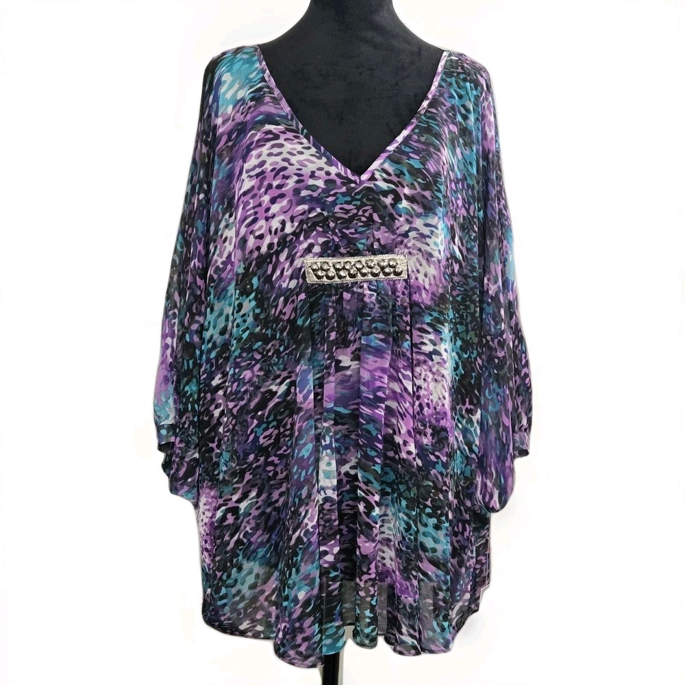Jennifer Lopez XL Animal Print Sheer Tunic Blouse Purple Batwing Boho NWT